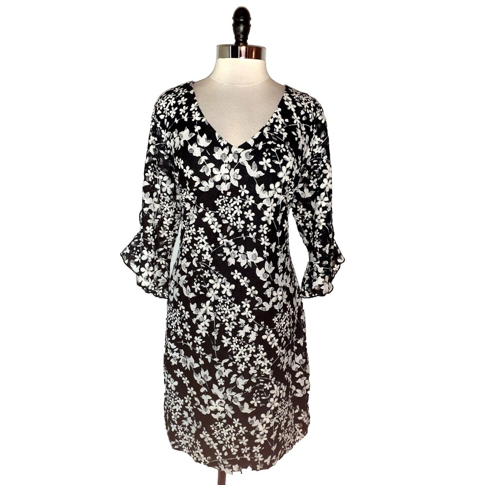 KARL LAGERFELD Size 14 Shift Dress Black Ivory Floral Lace 3/4 Sleeve